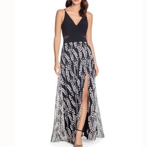 Xscape -  Mesh Inset Floral Embroidered Skirt Gown